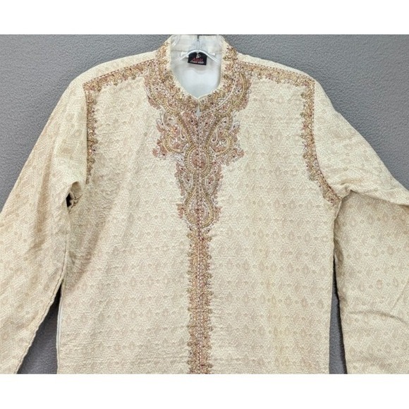 Ainit Ethnicwear Kurta Mens Elegant Cream Embroidered Indian Pakistani Size S/M? - Picture 3 of 12